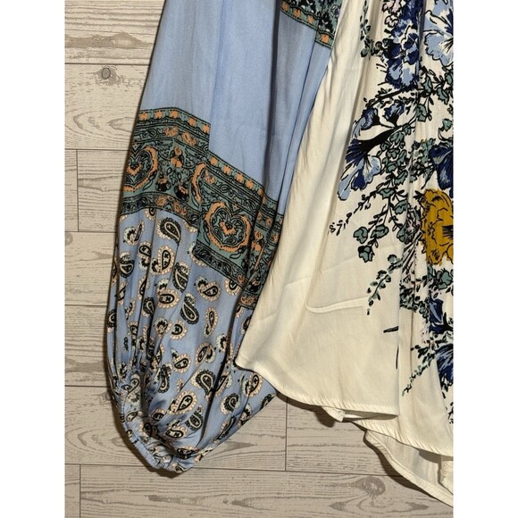 Free People Blue White Positano Print Peasant Floral Boho Blouse L/G, MSRP $128 - Picture 6 of 15